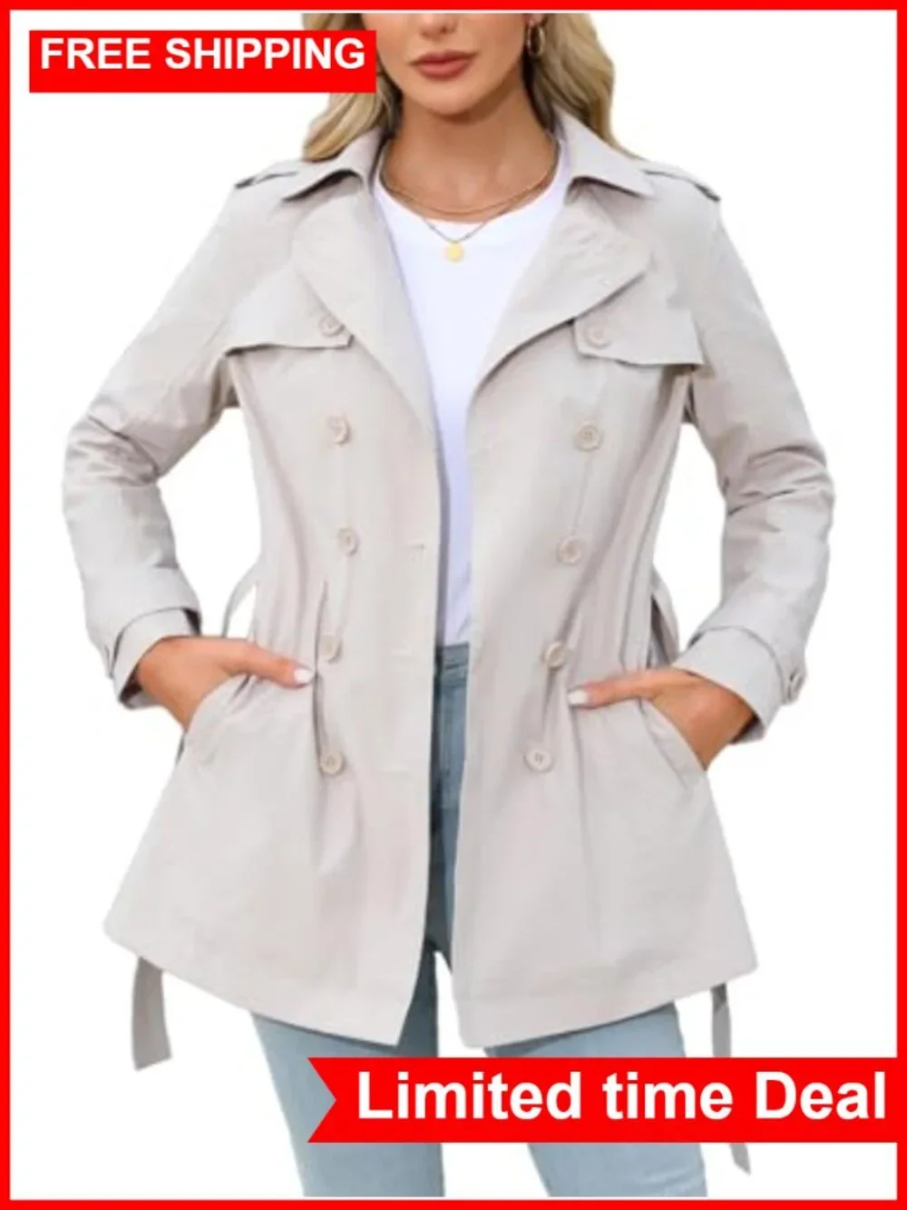 Women's Cropped Trench Coat Double Breasted Belted Jacket